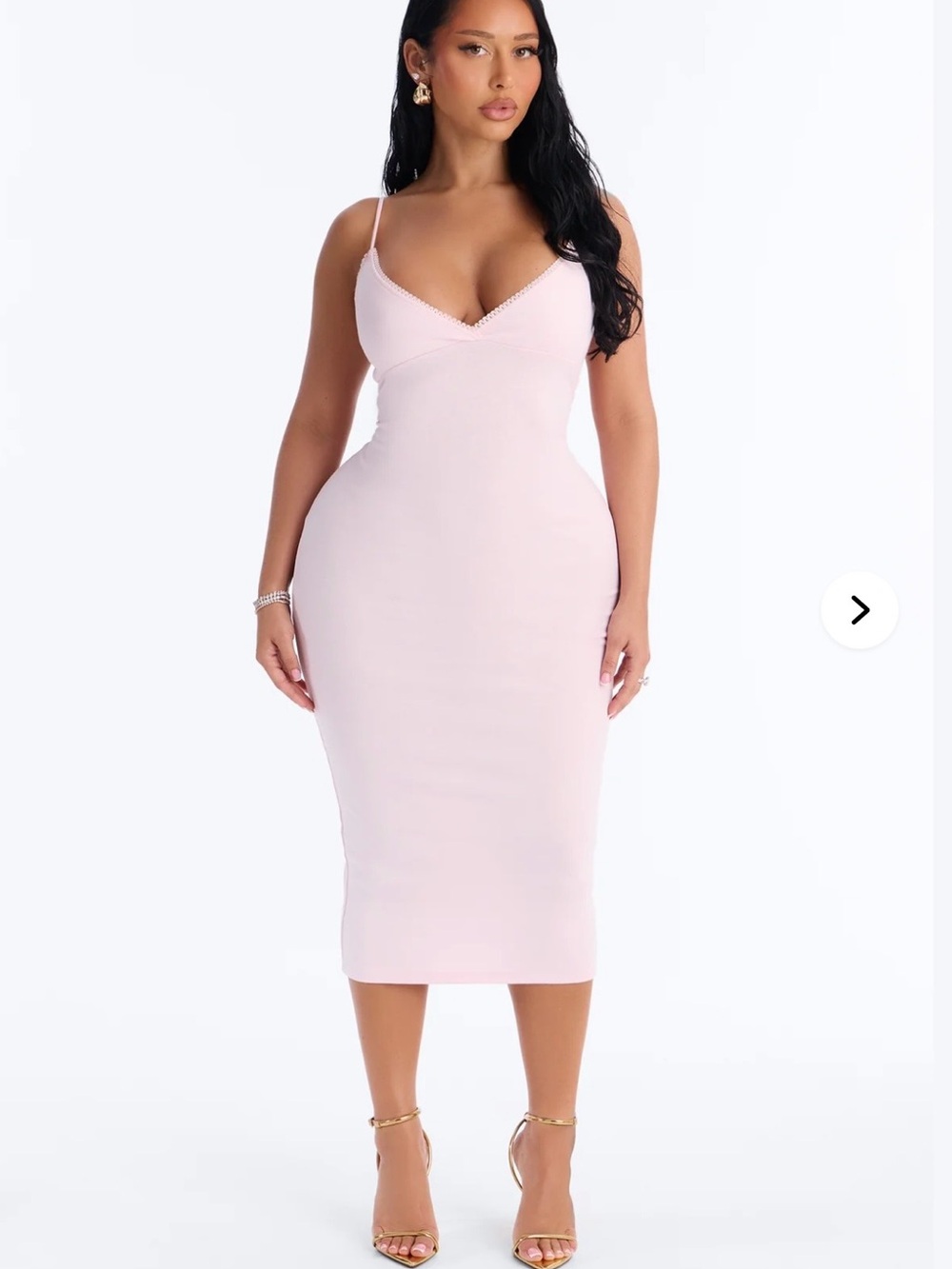 Sleek Blush Pink Midi Bodycon Dress with V-Neck